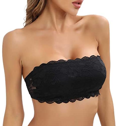 Cavotor Lace Strapless Bra for Women Wireless Bandeau Bra Seamless Padded Bralette Tube Top Sexy Stretchy Comfortable Bras with Clear Invisible Straps (Black,M)