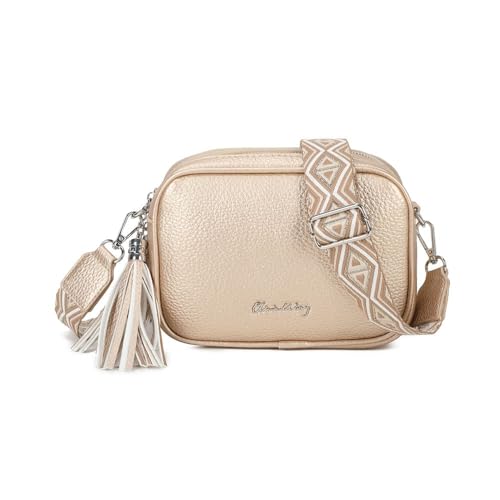 Bolso bandolera mujer pequeño de cuero PU dos compartimentos y dos bandoleras, bolso mensajero para cruzar polipiel regalo original para mujer (Dorado)