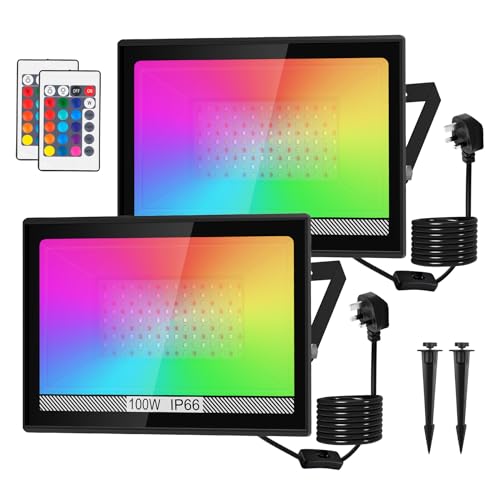 NATPOW LED Floodlight Outdoor, Flood Lights Colour Changing, 100W Floodlights with Remote Control 15 Colours - Warm White, IP66 Garden Wall Light for Landscap, Stage Hallowen Decoration(2 Pack)