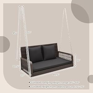 Tangkula wicker outdoor porch swing 800 lbs capacity outdoor swing bench with hanging chains back and seat cushions 2 seater hanging patio bench for deck garden yard black  urban country home decor