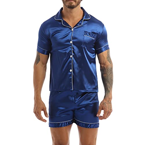 JanJean Mens Satin Pajama Set Short Sleeves Button Down Shirt with Shorts Sleepwear Loungewear2