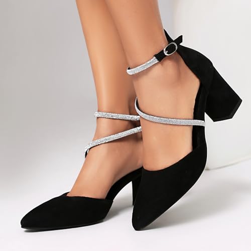 UTIKLIOU Dress Shoes for Women Low Heel Pumps Wedding Shoes Rhinestone Ankle Strap Pointed Toe Chunky Heels4