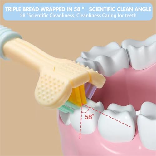 Image of HANNEA 3Pcs Kids Toothbrush Set, Three-Sided Soft Bristles, Tongue Scraper | Front and Back Coverage, Gentle Gum Contact, Built-In Tongue Cleaning, Daily Oral Care for Children