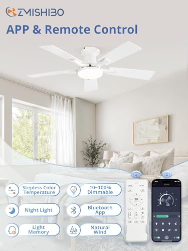 Image of ZMISHIBO 42 Inch Ceiling Fan with Light, App&Remote Control, Flush Mount Low Profile, Dimmable 20W LED Light, Quiet Reversible Motor for Bedroom, Living Room, Apartment, White