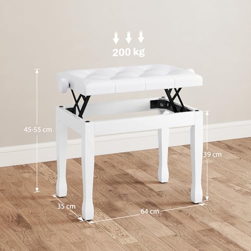 HOMCOM Taboret fortepianowy z regulacją wysokości, ławka do pianina z poduszką ze sztucznej skóry, taboret do keyboardu, 64 x 35 x 45-55 cm, biały