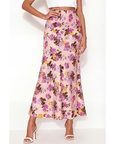 Image of BTFBM Satin Skirts for Women Trendy 2026 Summer Fall | High Waisted A-Line Leopard Print,Floral Print, Business Casual,Cocktail,Wedding Guest,Long Silk Midi Skirt
