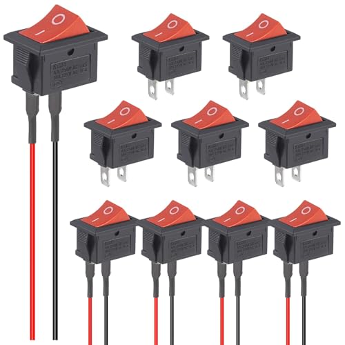 VEXUNGA 5 Pcs Interrupteur 12V avec Câblage et 5pcs Mini Interrupteurs a Bascule ON OFF 2Broches Bouton Poussoir 12 Volts 10A 125V 6A 250V SPST Commutateur pour Voiture Automobile Rouge (10 Pièces)