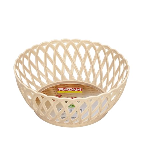 Image of RATAN PLASTICWARE Cane Large Plastic Storage Basket for Fruits, Vegetables & Snacks - Decorative Woven Design for Kitchen, Dining Table & Home Use I Pack of 6 - BEIGE /Dark Brown /OFF WHITE