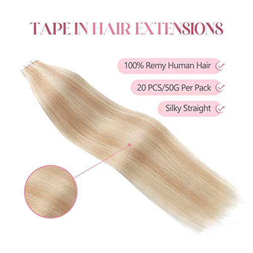 Image of Sixstarhair Highlight Blonde Tape in Hair Extensions Human Hair Tape Extensions Dark Dirty Blonde Mixed with Ash Blonde P12-60 Remy Human Hair Premium Hair Extensions [Color P12-60 22inch]