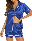 Ekouaer Silk Pajamas for Women Short Sleeve Sleepwear Soft Button Down Loungewear 2 Piece Satin Pjs Shorts Set,Royal Blue,M