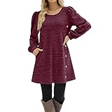 Women's Long Sleeve Dresses Button Side Scoop Neck Fall Dress Tunic with Pockets Casual Night Dresse