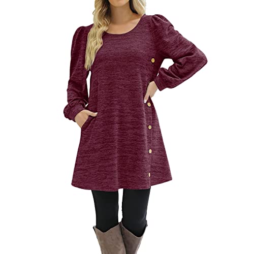 Women's Long Sleeve Dresses Button Side Scoop Neck Fall Dress Tunic With Pockets Casual Night Dresses For Women (Red, M) #TOP24