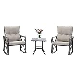 SUNBURY Outdoor Furniture 3-Piece Rocking Chair Set w Warm Gray Cushion, Tempered Glass Table -...