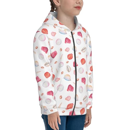 Red coral and scallop seashell Kid Hoodies Boys Zip Up Sweatshirts Girls Pullover with Pocket4