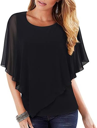 Lotusmile Chiffon Blouse Shirts for Work Elegant Chiffon Tops for Summer Flowy Plus Size Poncho Shirt Lightweight Blouses for Big Busted Women Double-Layered Tunic Tops for Leggings(Black,X-Large)