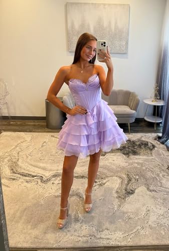 Short Homecoming Dresses for Teens Lace Sweetheart Tiered Chiffon Prom Dress LW2002
