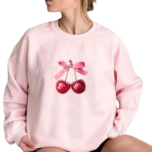Akklian Cute Sweatshirt for Women Cherry Bow Print Long Sleeve Kawaii Pullover Oversized Loose Teen Girl Preppy Clothes Pink4