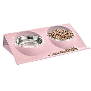 Comedero Gato Doble Tazón, 0°y 15°Ángulo Ajustable de Comederos para Gatos Comederos Gatos de Acero Inoxidable, Antideslizante de Comedero para Mascotas para Alimentos y Agua (Rosa)