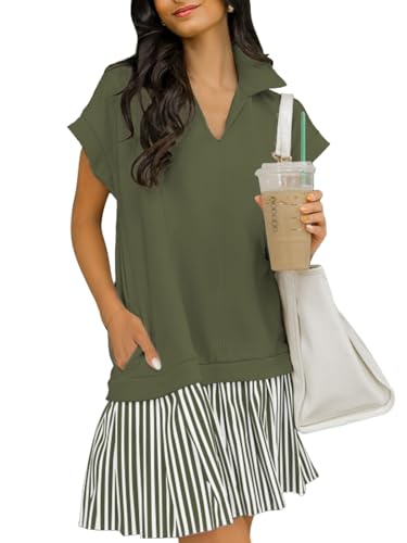 Image of Women's V Neck Short Sleeve Summer Dress Cap Sleeve Casual Loose Fit Pleated Striped Shirt Dress
