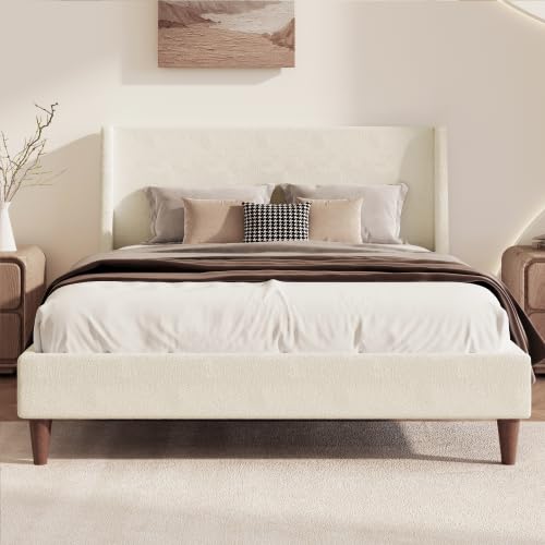 NTYUNRR Upholstered Bed Frame King Size, 43" Tall Headboard Wingback Upholstered Platform Beds Bedframe for Kids Teens Adults Bedroom Strong Wood