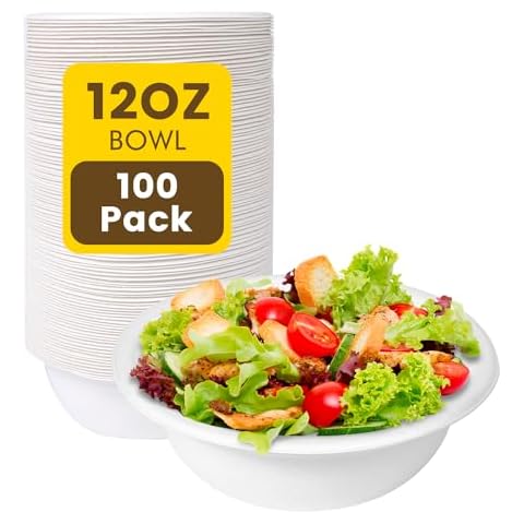 AQSXO 100 Pack 12 OZ Paper Bowls, Eco-friendly Bowls, Sturdy Disposable Cornstarch Bowls, Perfect for Hot and Cold Meals, Soup, Salad, and Snacks. Cover