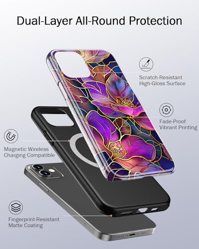 Image of Goodon for iPhone 12 Mini Case Cute - Wireless Charging Compatible - Dual-Layer Hard Shell + Silicone Cover - Protective Phone Case with Trendy Designs for Women - Blooming Purple Flowers
