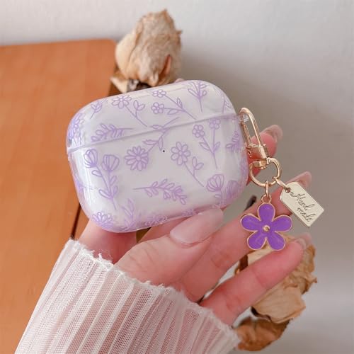 Image of MINSCOSE Compatible with AirPods Pro2 Clear Case,Cute Flower Floral Aesthetic Design with Flowers Keychain, Soft TPU Protective Shockproof Case for Women Girl for Airpods Pro2-Purple