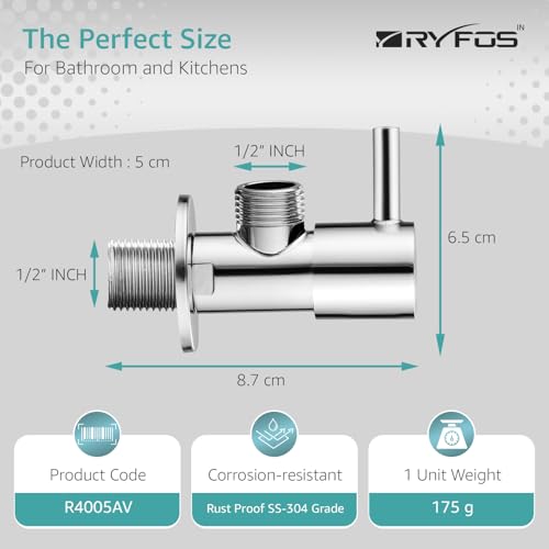 Image of India's 1st Lifetime Support Brand, R4005AV, SS-304 Grade Angle Valve | Angle Cock for Bathroom With Wall Flange | Valve for Geyser | Bathroom Tap | (Chrome Finish, 8-Piece)