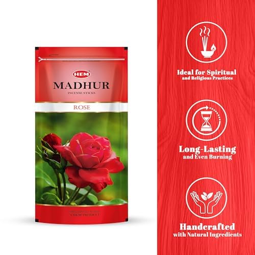 Image of Hem Madhur Rose Incense Sticks - Pack of 3 | Premium Agarbatti in Resealable Zip Pouch | Elegant Rose Aroma for Puja, Meditation & Home Freshness | Burns 35-40 Min | Approx. 300 Sticks