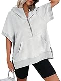 AUTOMET Oversized Hoodies for Women Short Sleeve Half zip Sweatshirt Fleece Loose Fit Pullover 2024 Fall Fashion Outfits Grey S