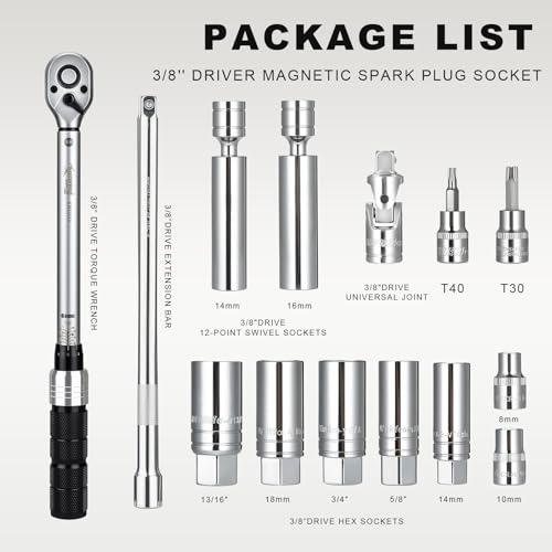 Image of AEROFORCE 14PCS 3 /8-Inch Drive Swivel Magnetic Spark Plug Socket Set with 3 /8 inch Torque Wrench (5-45 Lb.ft /6.8-61.2 Nm), Universal Joint & Extension Bar - Durable CR-V Steel for Easy Spark Plug Removal