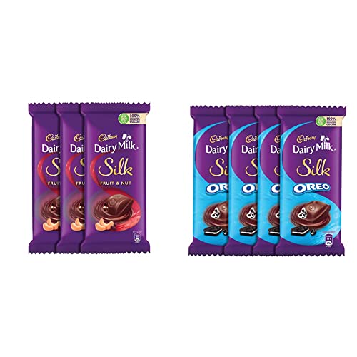 Image of Cadbury Dairy Milk Silk Fruit & Nut Chocolate Bar, 137 Gram (Pack Of 3) & Dairy Milk Silk Oreo Chocolate Bar, 130G (Pack Of 4)