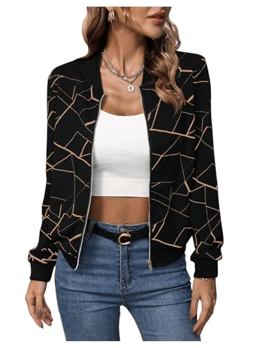 GORGLITTER Jacke Langarm Damen Bomberjacke Herbst Casualjacke Zip Up Jacken Leicht Herbstjacke Freizeitjacke mit Geo Muster Schwarz Multi L