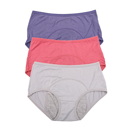 YOYI FASHION Bamboo Viscose Brief Menstrual Leakproof Panties 3 Pack US Size S/5, Elegance red,Blue,Gray