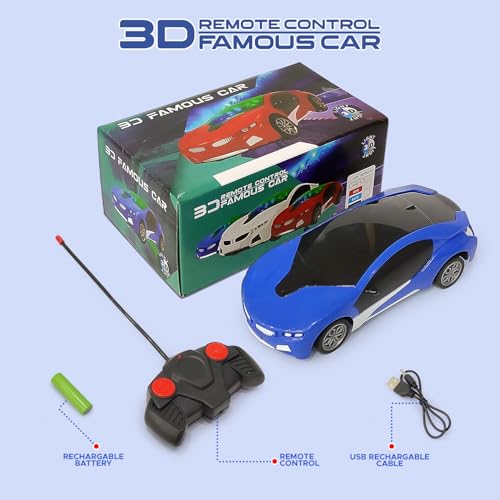 Image of 3D LED High Speed Rechargeable Remote Control Car for Kids, RC Racing Vehicle with Bright Lights, 2 AA Battery Controller (Blue)
