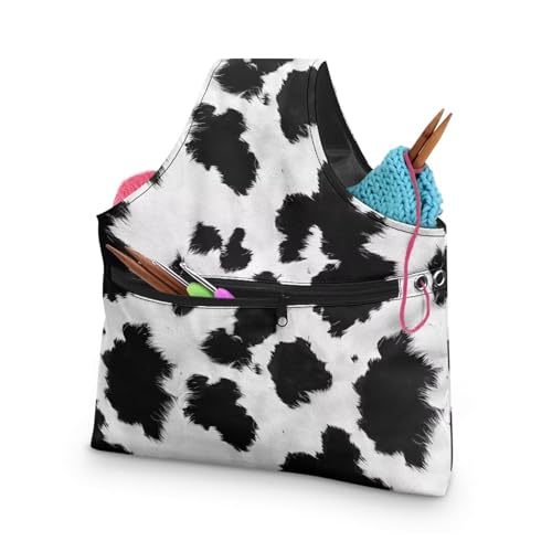 Image of KUIFORTI Cow Print Crochet Bag Large Yarn Storage Tote Bag Knitting Bag and Totes Organizer Yarn Holder for Crocheting on the Go