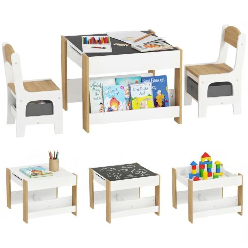 HOMCOM Juego de Mesa y 2 Sillas Infantil 3 en 1 con Pizarra Blanco Natural