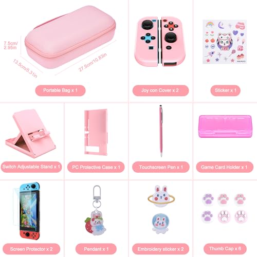 Image of innoAura Switch Case 19-in-1 Bundle for NS Switch (2017), with Carrying Case, Game Organizer, Screen Protector, Stand and Thumb Grips, Pink