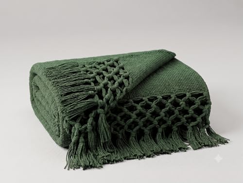 Image of HAKAM Cotton Throw Blanket with Macrame Tassels for 3 Seater Sofa | Ideal for Your Home, Living Room, Sofa, Bed, Chair, Picnic & Used for Gift - 50X70 inch (Dark Green, Small Single)