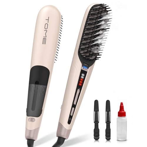 TOME Steam Hair Straightener Brush，Anti Scalding Design Steam Brush for Curly Hair with Less Heat Damage, Anti-Frizz Dual Voltage Pink