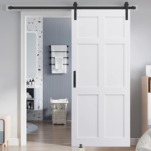 32 X 80 Inch Sliding Barn Door with 6.6Ft Hardware Kit Included, Modern White Barn Door, DIY Interior Sliding Doors with Real Primed, Pre-Drilled Ready to Assemble, Six Panel-Style