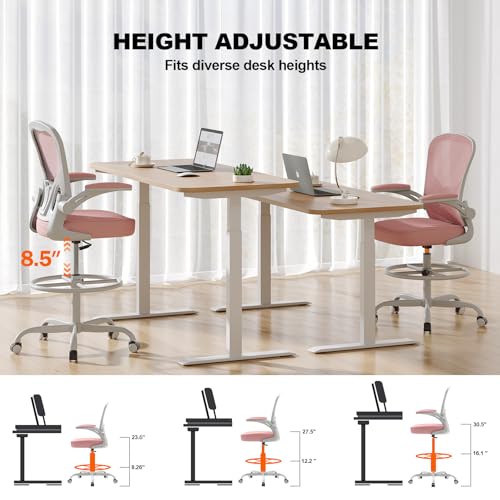 Image of Synorla Ergonomic Drafting Chair, Tall Mesh Office Chair with Flip-up Armrests, Lumbar Support & Adjustable Footrest Ring for Standing Desk Gray Pink