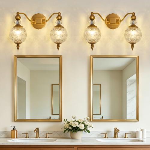 Image of Vintage Vanity Light 2 Light Gold Bathroom Light Fixtures Over Mirror