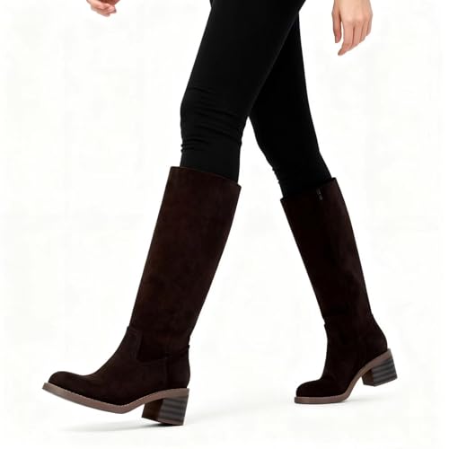 Image of ZJGZF Womens Banana Knee High Boots Square Toe Comfortable Boots Block Heel Riding Boots Wide Calf Tall Boots