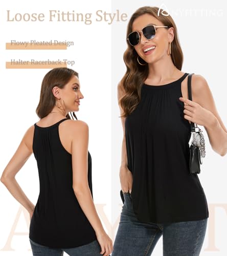 Image of Women Halter Tank Top with Built in Bra Flowy Sleevless Padded Camisole Loose Fit Summer Shirt Top S-3XL