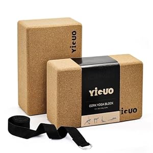 YIGUO Cork Yoga Blocks 2 Pack with Strap, High Density Soft Non-Slip Yoga Blocks, Eco-Friendly Yoga Accessories for Yoga, Pilates, Stretching, Home Gym, 9″x6″x3″