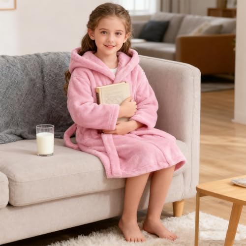 Image of Boys Girls Bathrobes,Toddler Boy Girl Robes,Children's Plush Soft Coral Fleece Hooded Pajamas Sleepwear for Kids