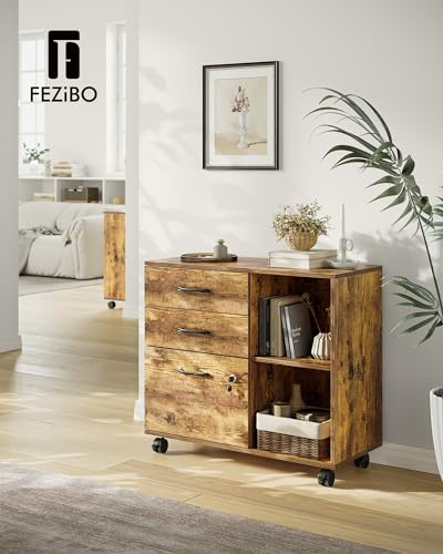 Image of FEZIBO 3-Drawer Mobile File Cabinet, Lateral Filing Cabinet with Lock, Printer Stand with Open Storage Shelves for Home Office, Filing Cabinets for Home Office, Rustic Brown