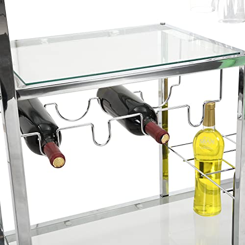 Lefhda Glass Bar Cart With Wine Rack&Glass Holder, Kitchen Serving Cart With Wheels&Handle, 3-Tier Kitchen Trolley With 3-Tier Glass Shelves Metal Frame, Silver #TOP5