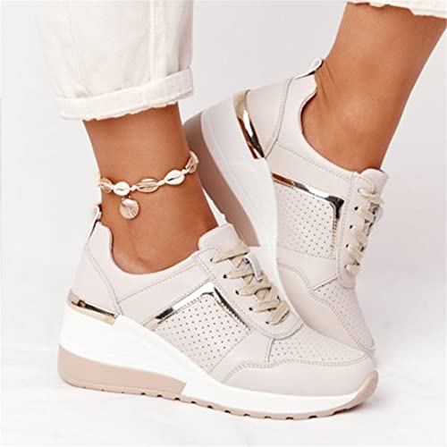 Women's Breathable Leather Lace-Up Sneakers Wedge Sports Shoes Vulcanized Shoes
